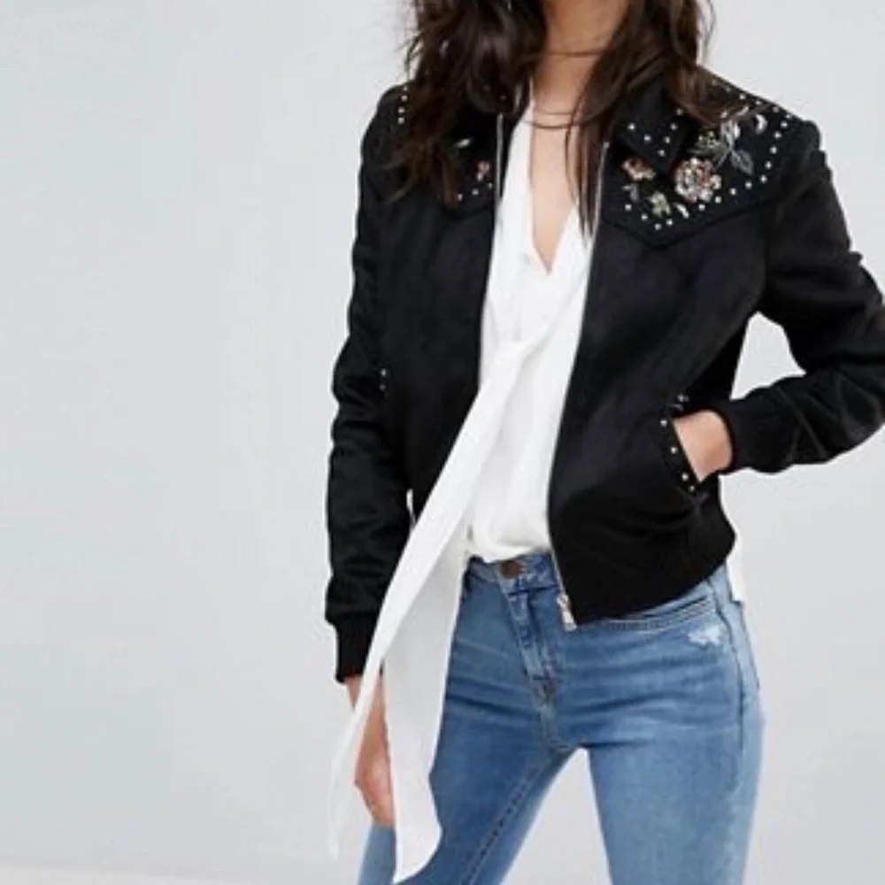 River Island embroidered suedette bomber jacket - Picture 2 of 13